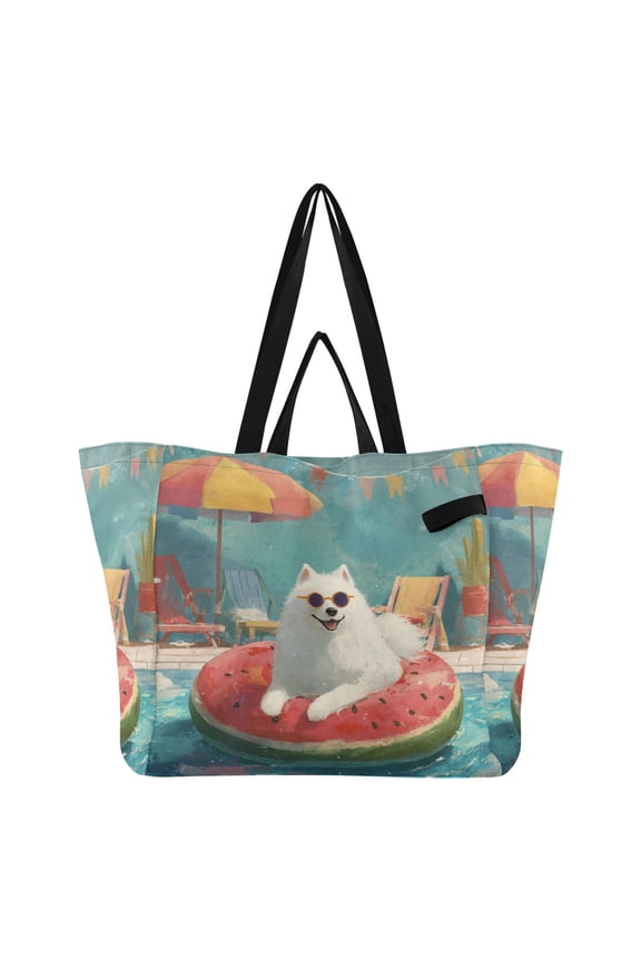 Samoyed Dog Canvas Tote Bag Large Capacity Reusable Tote with Double Handles, Foldable Heavy Duty Shopping Beach Laundry Bag, 32L