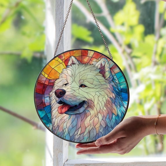 Samoyed Dog Glass Suncatcher, Fluffy Dog Pet Memorial Art, Rustic Home Decor, 3.5 in