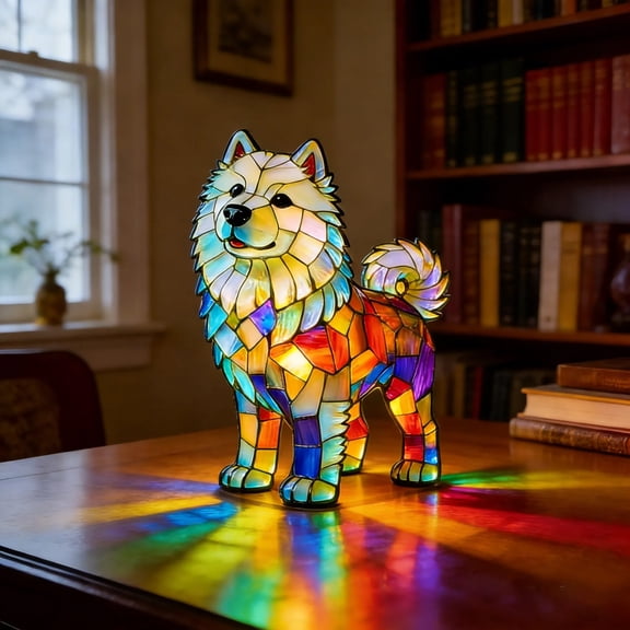 Samoyed Dog LED Night Light Resin Statue Decorative Animal Lamp Warm Glow Desktop Ornament Home Bedroom Office Shelf Table Decor Dog Lover Gift Collectible Accent Night Lamp
