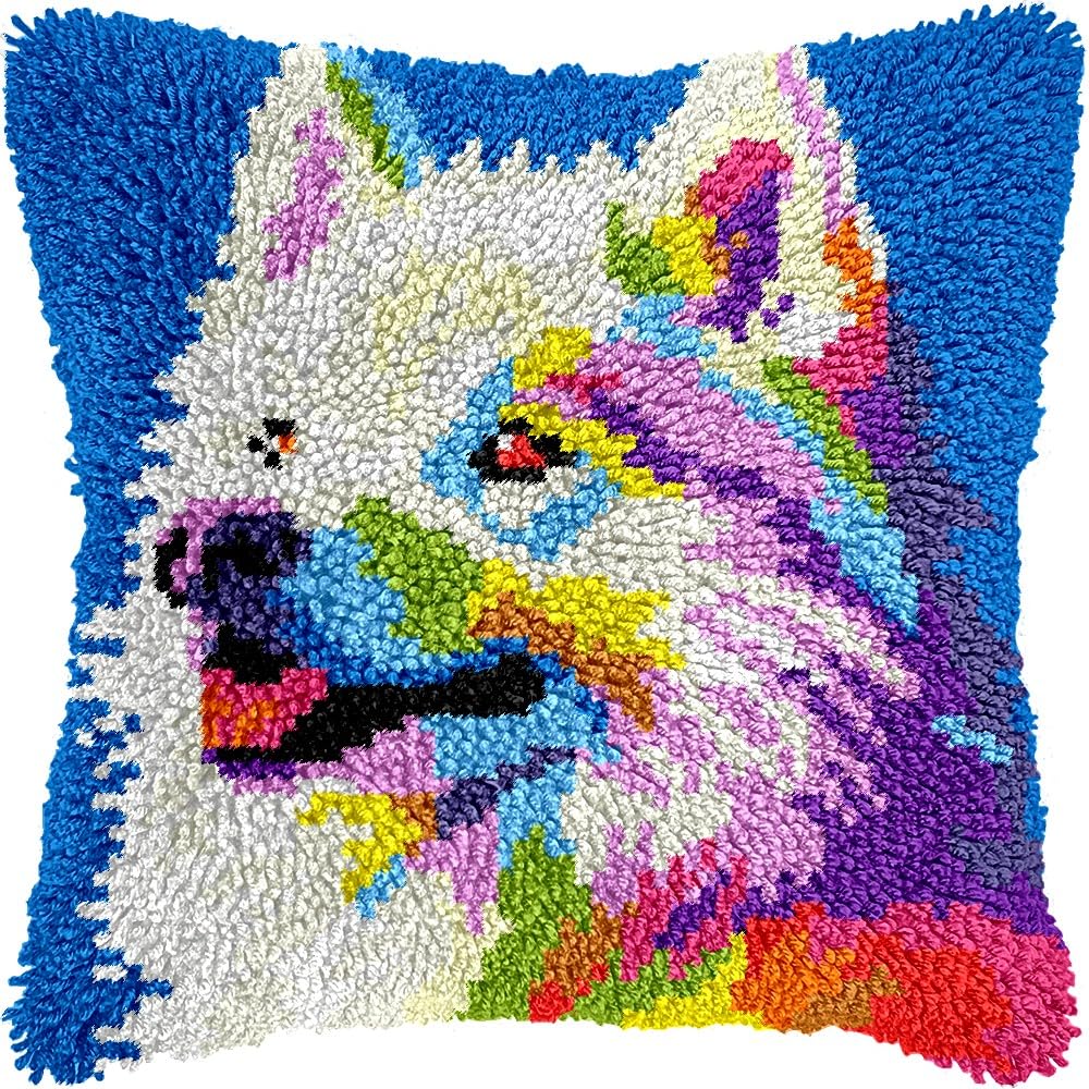 Samoyed Dog Latch Hook Pillow Kits Pillow Cover Latch Hook Crafts Crochet Knitted Hooking Pillowcase Cushion Crafts Embroidery Latch Hooking Kits Material Set 17x17 inch(55)