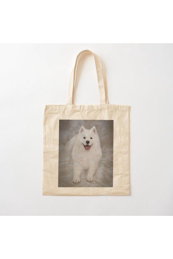 Samoyed Dog, Lying Down, Facing Camera In Studio Canvas Tote Bags, Reusable Shopping Bag