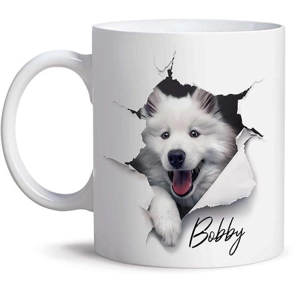 Samoyed Dog Mug With Name, Customized Adorable Samoyed Peeking Design, Bekilab Ceramic Coffee Mug, 11oz 15oz Gift