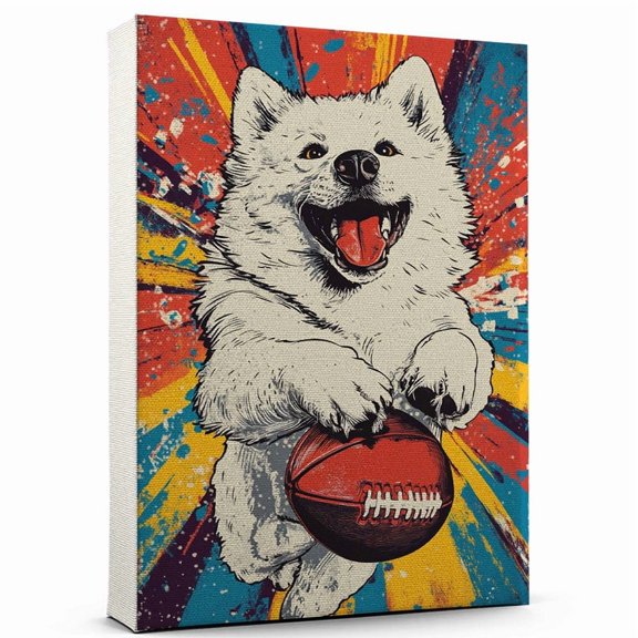 Samoyed Dog Stretched Canvas Size 8x12 – Funny Samoyed Dog Playing American Football Canvas Wall Art for Sports Lovers, Pet Lovers, Home Decor