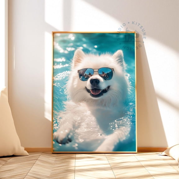 Samoyed Dog Wall Art with Sunglasses Cool Fluffy Dog Poster, Unframed Paper Print Size 8x12