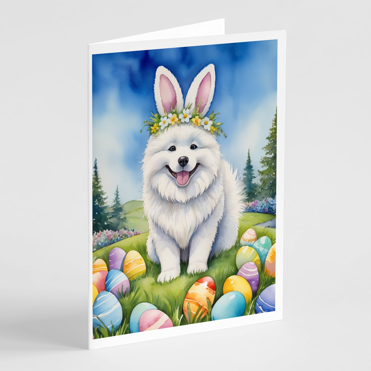 Samoyed Easter Egg Hunt Greeting Cards Pack of 8 7 in x 5 in