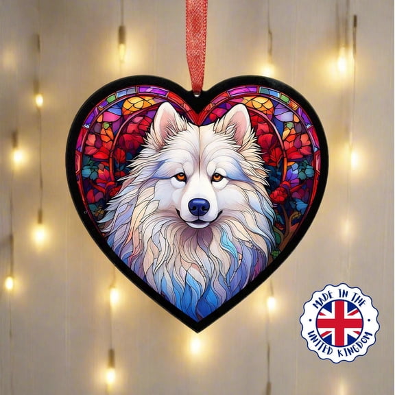 Samoyed Effect Heart Acrylic Suncatcher Window Hanging Home Decor Dog Lover Gift