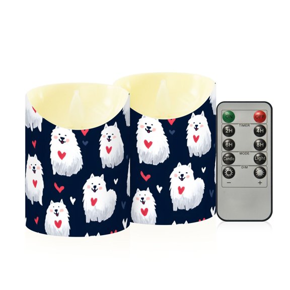 Samoyed Heart Pattern Flameless Candles 2 PCS with Remote Realistic Moving Flame LED Tapered Pillar Set for Home Decor