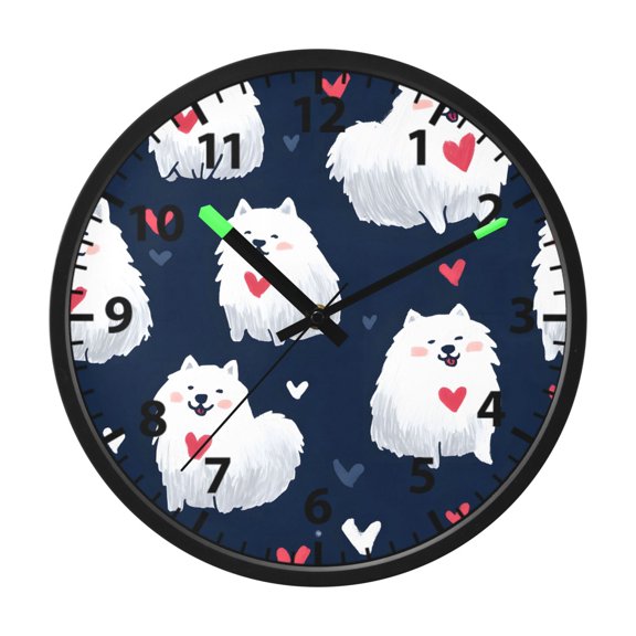 Samoyed Heart Pattern Wall Clock 12 Inch Voice Activated Night Light Silent Non Ticking