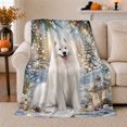 thumbnail image 1 of Samoyed Lantern Snowy Forest Scene, Warm Photorealistic Winter Style for Dog Lovers, Pine Bough Golden Light Theme and Christmas Gift, Cozy Flannel Blanket, Home Decor, 1 of 9