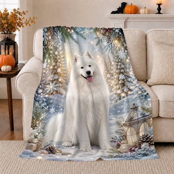 Samoyed Lantern Snowy Forest Scene, Warm Photorealistic Winter Style for Dog Lovers, Pine Bough Golden Light Theme and Christmas Gift, Cozy Flannel Blanket, Home Decor