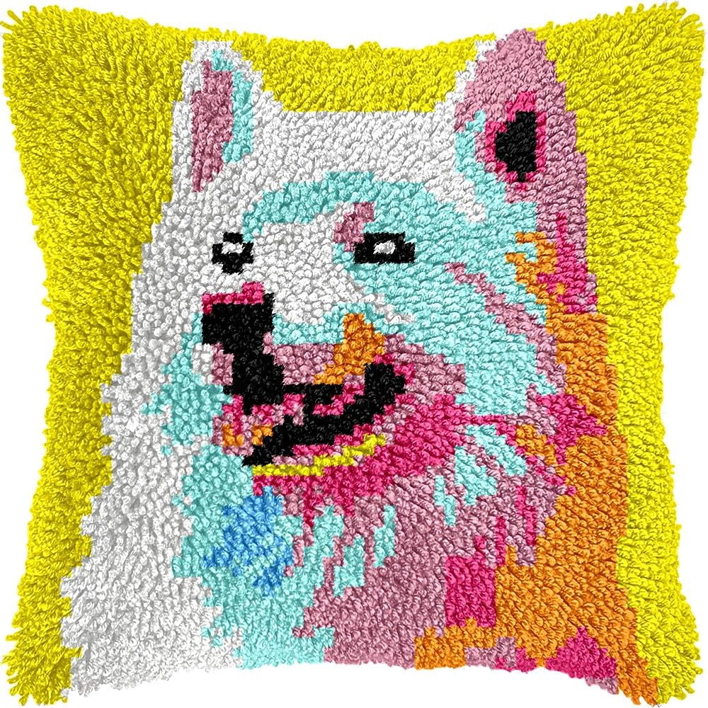 Samoyed Latch Hook Pillow Kits for DIY Throw Pillow Cushion Embroidery Latch Hooking Pillowcase Kits with Preprinted Canvas Crochet Yarn Kits for Home Decor 17''X 17''(C18)