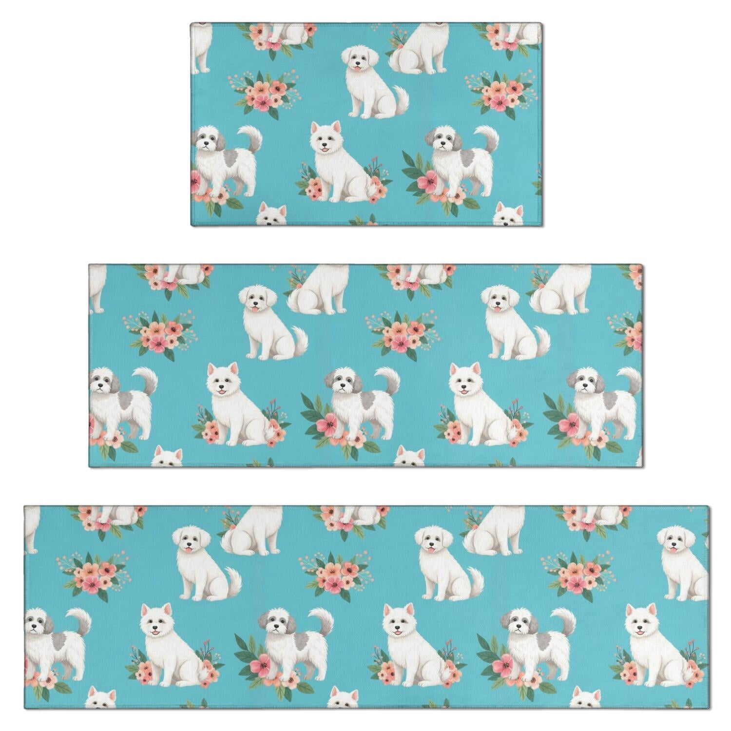Using Kitchen Sink Samoyed and Maltese and Floral Kitchen Rugs Set Of 3, Non Slip Washable ...
