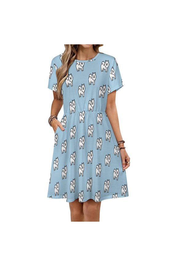 Samoyed Pattern Dress Summer Street Style Dresses Female Short Sleeve Printed Sundress