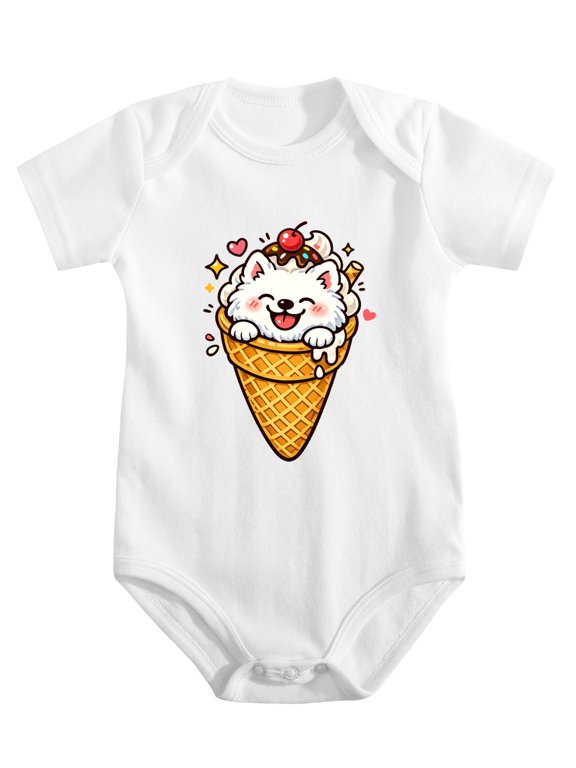 Samoyed Squinting In Ice Cream Cone Baby Bodysuit, 100% Cotton Short Sleeve Snap Romper, 0-12 Months
