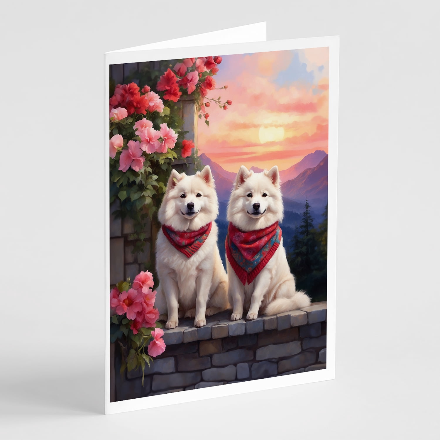 Samoyed Two Hearts Greeting Cards Pack of 8 7 in x 5 in