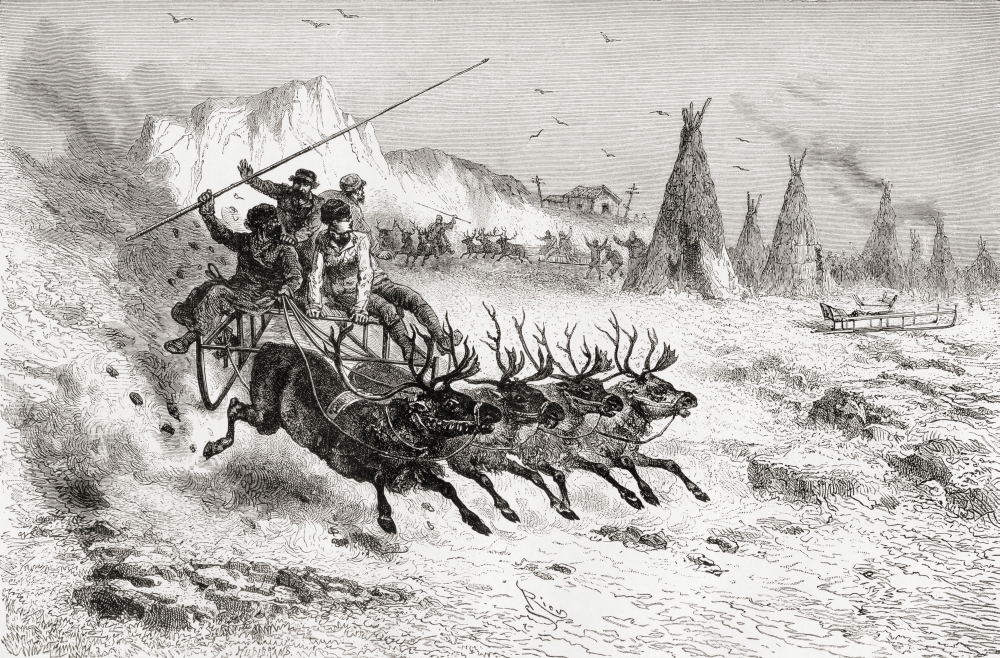 Samoyeds From Caborova Russia On A Sleigh Pulled By Reindeer In The 19Th Century From El Mundo En La Mano Published 1878 Canvas Art - Ken Welsh Design Pics (18 x 11)