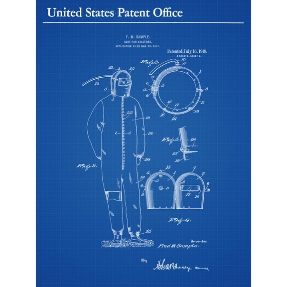 Sample Aviator Suit Flight 1918 Patent Plan Extra Large XL Wall Art Poster Print