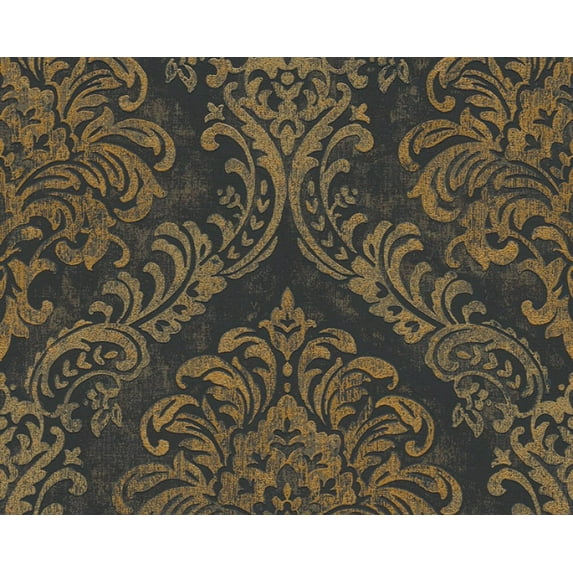 Sample For Display Purposes Only. Concord Wallcoverings Modern Textured Wallpaper Baroque, Classical, Vinyl Accent Wall, Black, Gold, Metallic, 7 in x 10 in, 391123