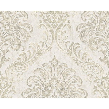 Sample For Display Purposes Only. Concord Wallcoverings Modern Textured Wallpaper Baroque, Classical, Vinyl Accent Wall, Gold, Metallic, White, 7 in x 10 in, 391122