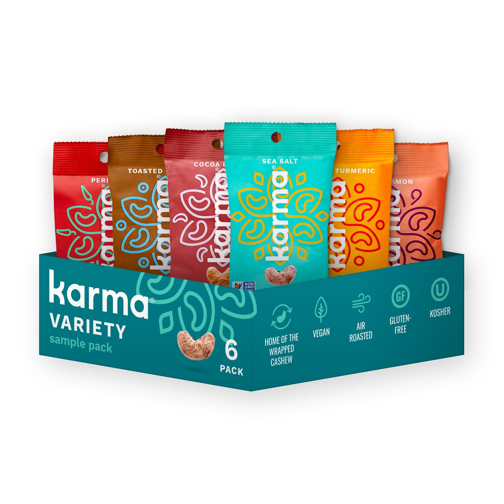 Sample Flavors Variety Pack Cashews HYZ01 by Karma Nuts, Whole, Roasted, Vegan, Non GMO, Gluten Free, Low Carb, Low Calorie, Everyday Nut Snack, 1.5 Ounce (6 Snack Packs)