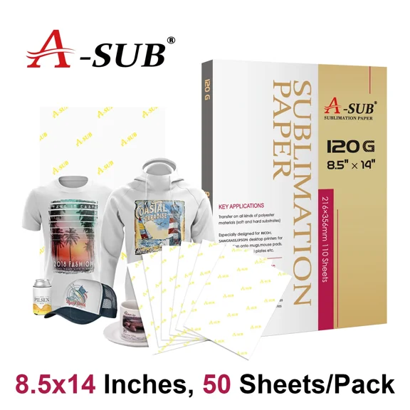 Sample Pack- 50 Sheets A-SUB 120g Sublimation Paper 8.5x14 for Inkjet Sublimation Ink Printers Heat Transfer