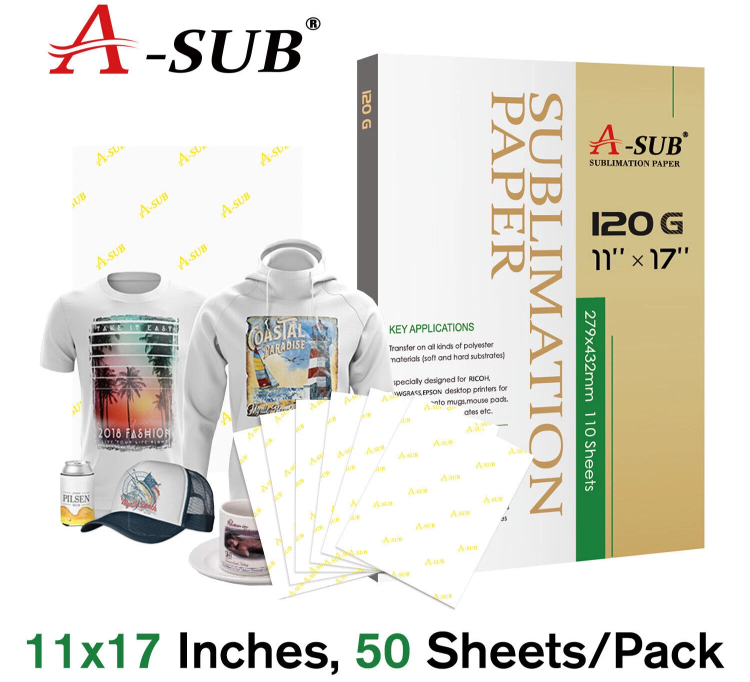 Sample Pack - A-SUB Sublimation Paper 11x17 120g 50 Sheets for Inkjet Printer Sublimation Heat Transfer