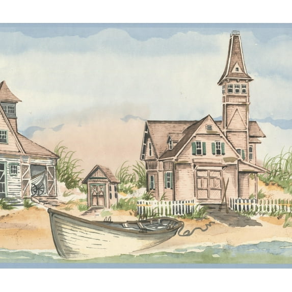 Wallpaper Border - Vintage Village on Sandy Shore Row Boat Horse Cart Wide Wall Border Retro Design, Roll 15 ft X 9 in
