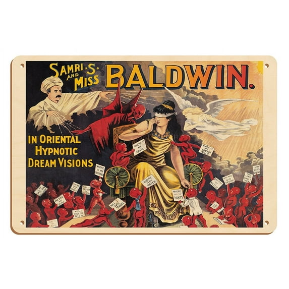 Samri S. and Miss Kitty Baldwin - In Oriental Hypnotic Dream Visions - Vintage Magic Poster c.1890 - 8 x 12 inch Vintage Wood Art Sign