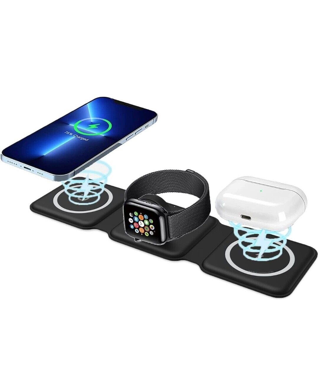 SamsMax LLC 3 in 1 Wireless Charger. For iPhone 14 13 12 11/Pro/XS/XR/8,AirPods 3/2/Pro, iWatch 7/6/5/4/3/2. Magnetic Foldable Fast Wireless Charging Pad Folding (Black)