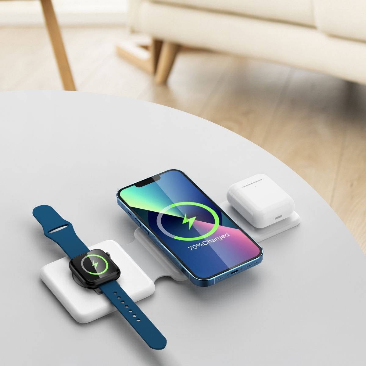 SamsMax LLC 3 in 1 Foldable Magnetic Wireless Charger - Fast Charging for iPhone 14/13/12/11, AirPods 3/2/Pro, and iWatch 7/6/5/4/3/2 - White