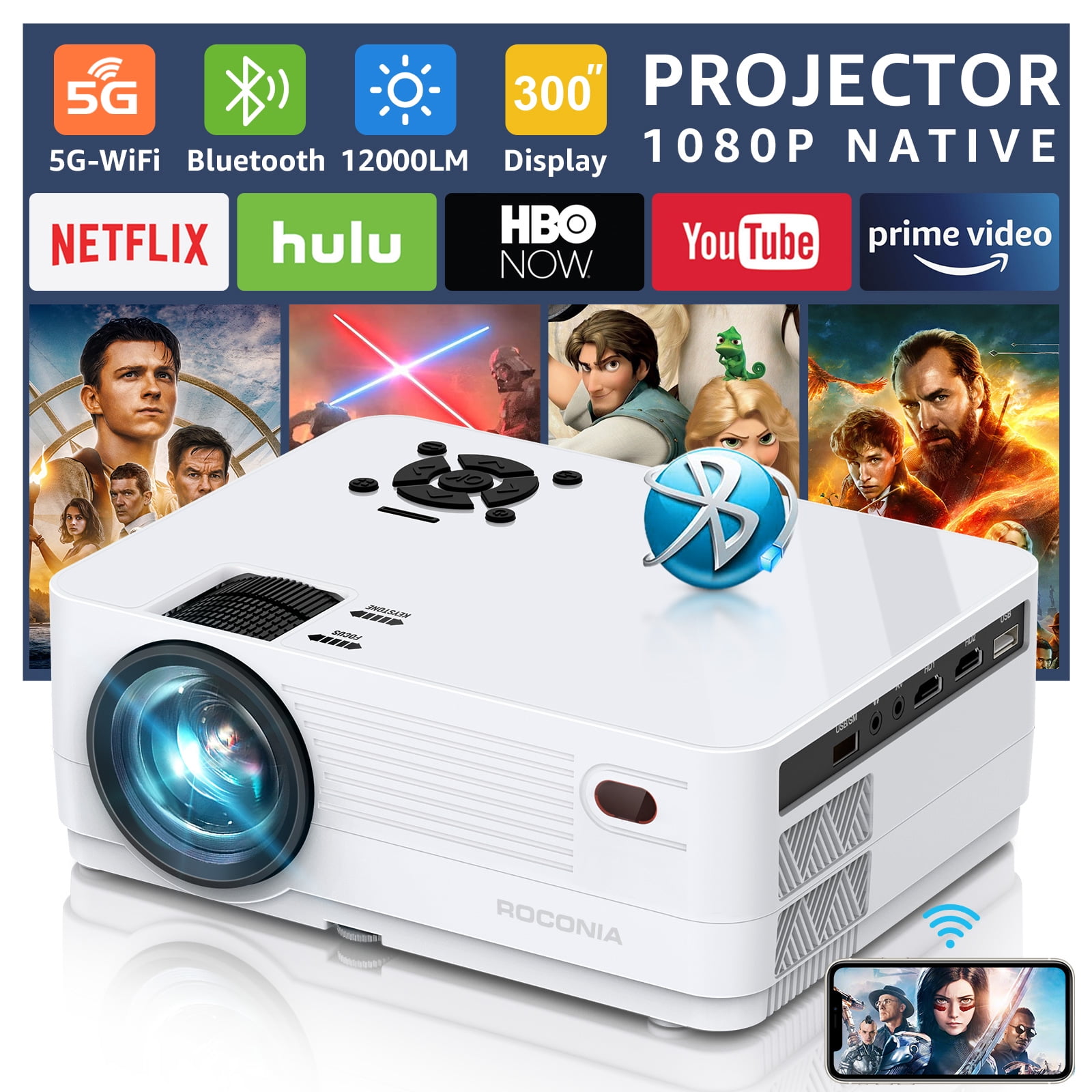 Movie Projector, Wireless HD 1080p Outdoor Bluetooth Projector LED Mini Portable WiFi Projector for Smartphone, with Airplay, Speaker, HDMI, USB Suppo - 3