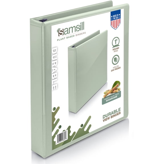 Samsill Durable Plant-Based 1" Round Ring View Binder, 3-Ring, Sage