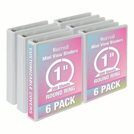 Samsill 3 Ring Mini View Binders Round Ring, White, 6 Pack