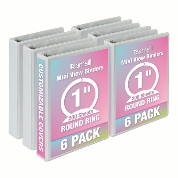 Samsill 3 Ring Mini View Binders Round Ring, White, 6 Pack
