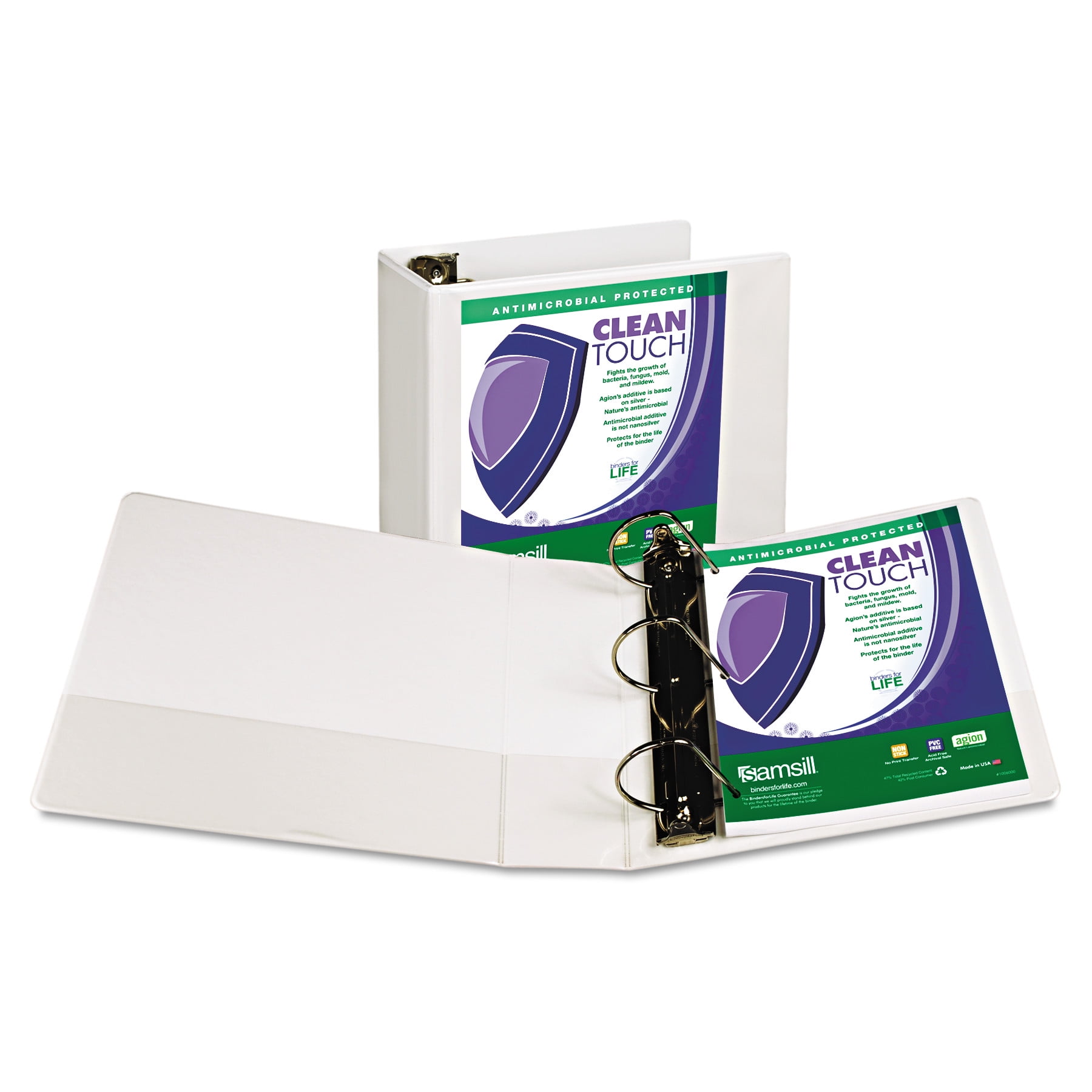 Samsill Clean Touch Locking D-Ring View Binder, Antimicrobial, 5" Capacity, White -SAM16207