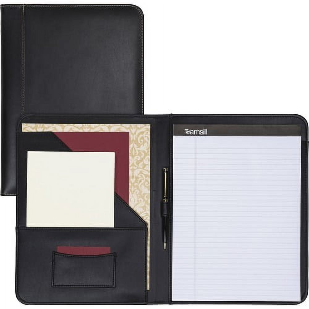 Samsill Contrast Stitch Black Leather Padfolio Letter - 8 1/2