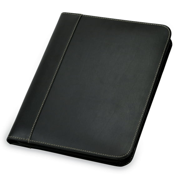 Samsill Contrast Stitch Leather Zipper Padfolio, 8.5"x11" Writing Pad Included, Black