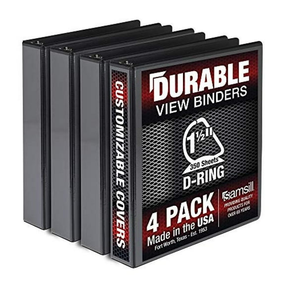 Samsill Durable 1.5 Inch Binder - - D Ring Binder - Customizable Clear View Binder - Black - 4 Pack -Each Holds 350 Pages