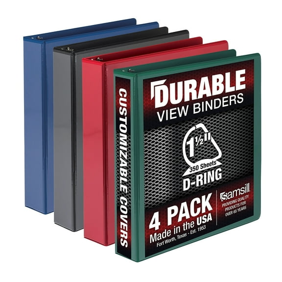 Samsill Durable 1.5 Inch Binder, , D Ring Customizable Clear View Binder, Basic Assortment, 4 Pack, Each Holds 350 Page (MP46458)