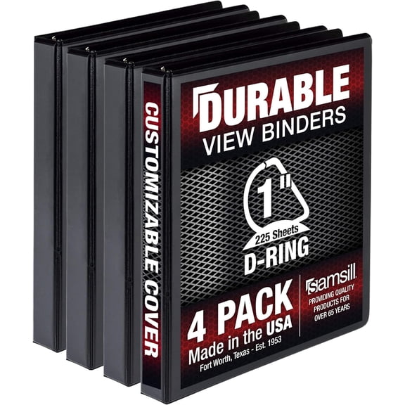 Samsill Durable 1 Inch Binder- - D Ring Binder- Customizable Clear View Cover -Black - 4 Pack - Each holds 225 Pages