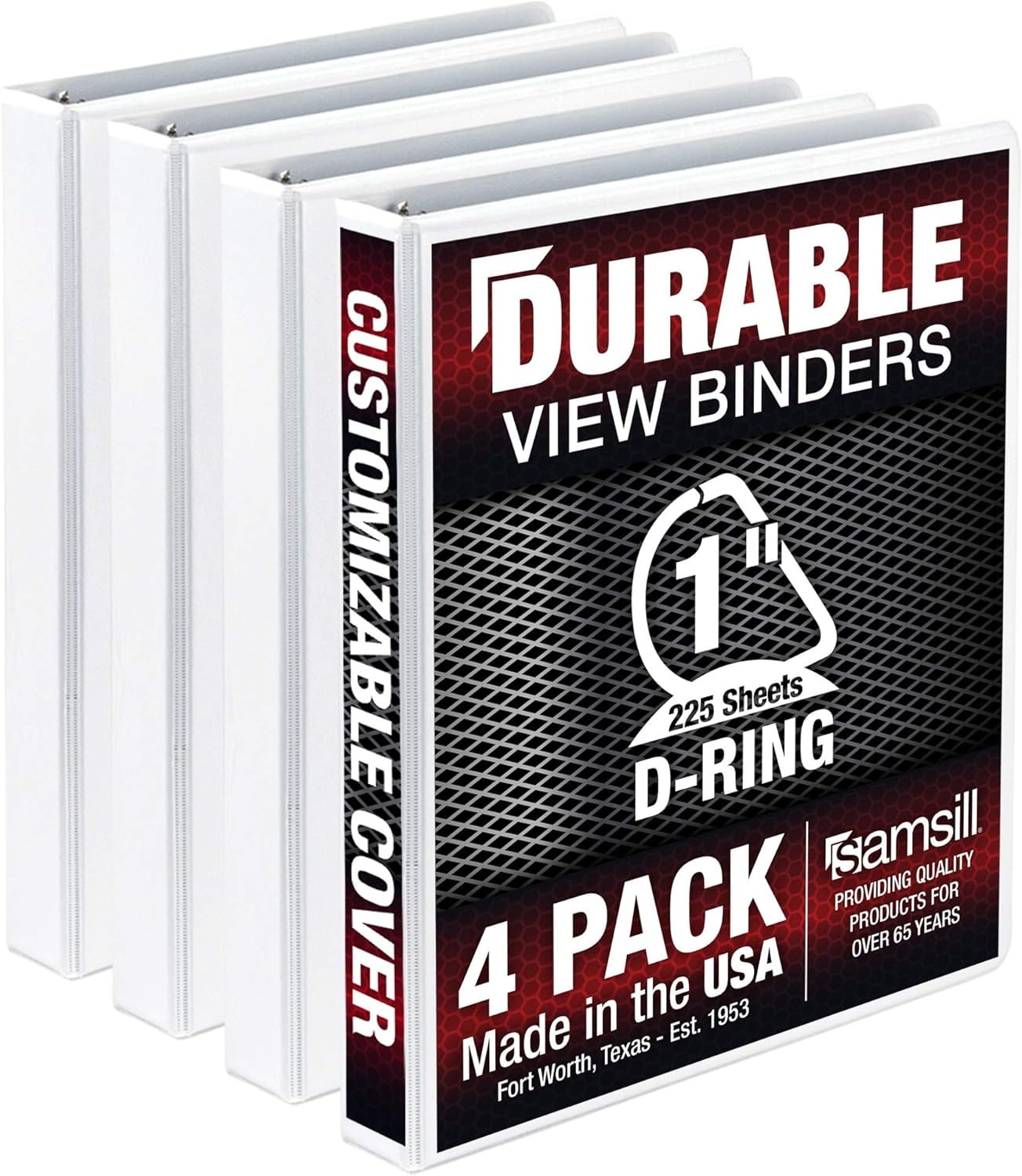 Samsill Durable 1 Inch Binder- - D Ring Binder - Customizable Clear View Cover - White, 4 Pack - Each holds 225 Pages
