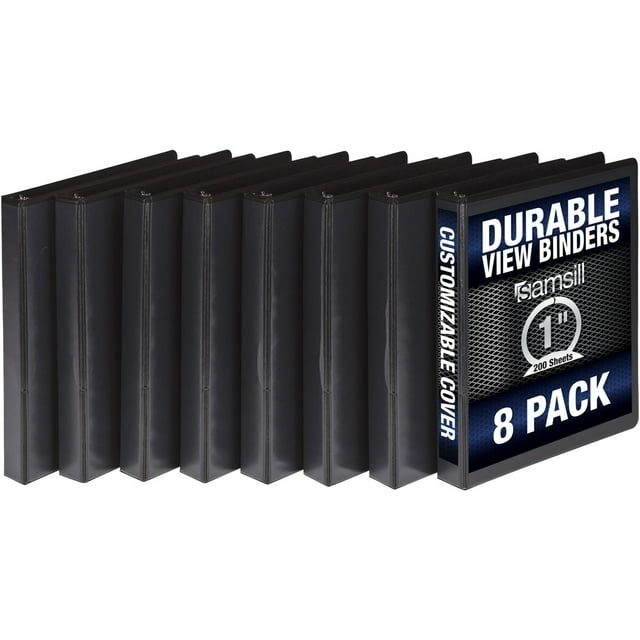 Samsill Durable 1 Inch Round Ring View Binder Black 8 Pack, Black