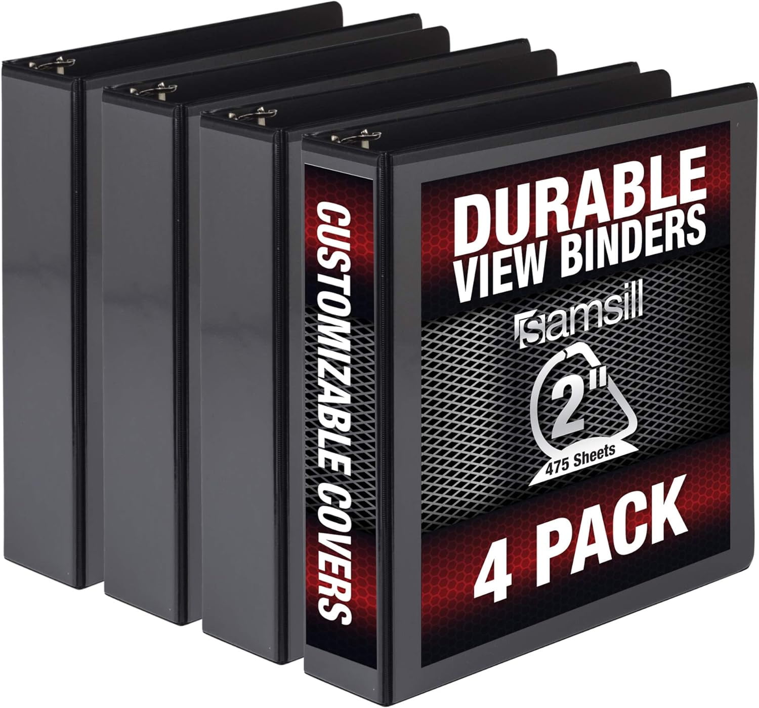 Samsill Durable 2 Inch Binder - - D Ring Binder- Customizable Clear View Binder- Black, 4 Pack- Each Holds 475 Pages
