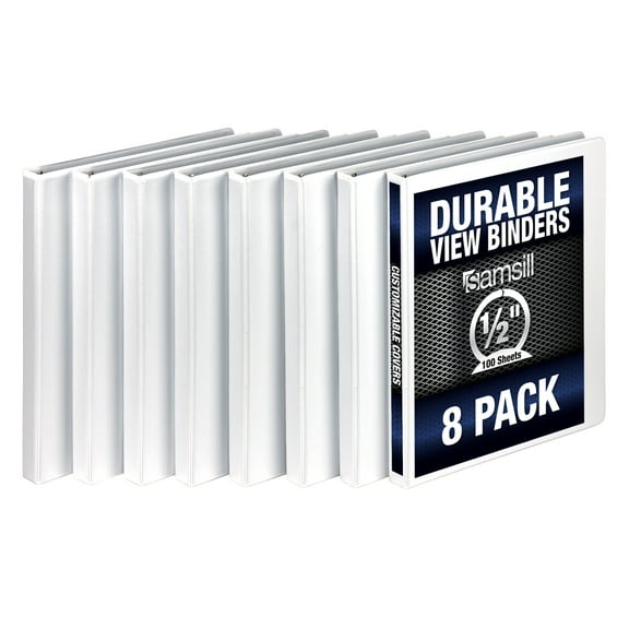 Samsill Durable .5" Round Ring Binder, White, Customizable, 8 Pack