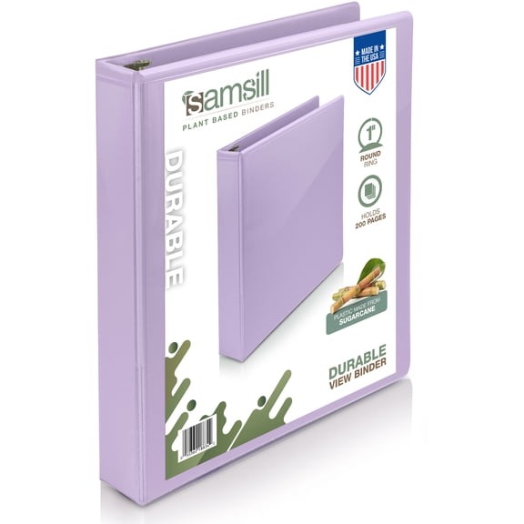 Samsill Durable Plant-Based 1" Round Ring View Binder, 3-Ring, Lavender