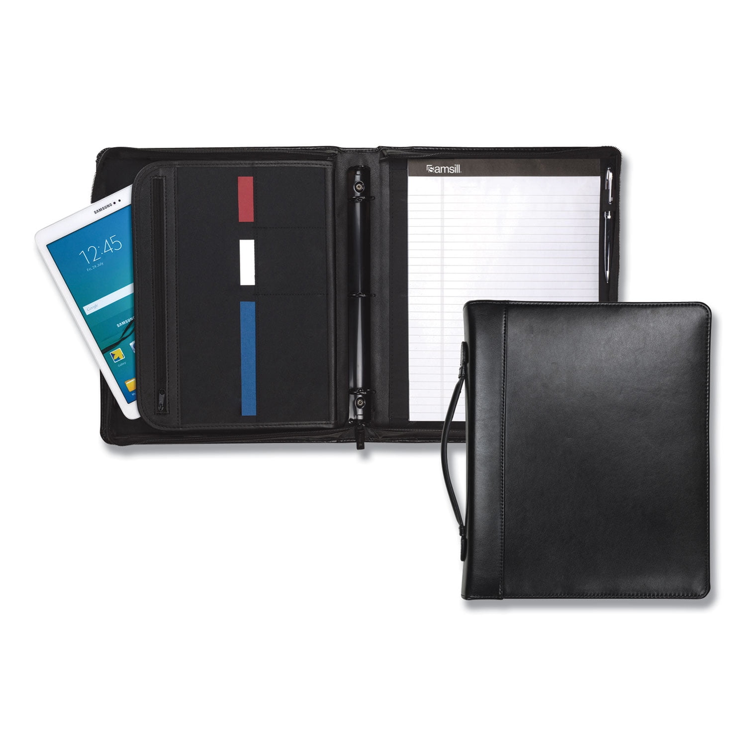 Samsill Leather Multi-Ring Zippered Portfolio, Two-Part, 1" Cap, 11x13.5, Black