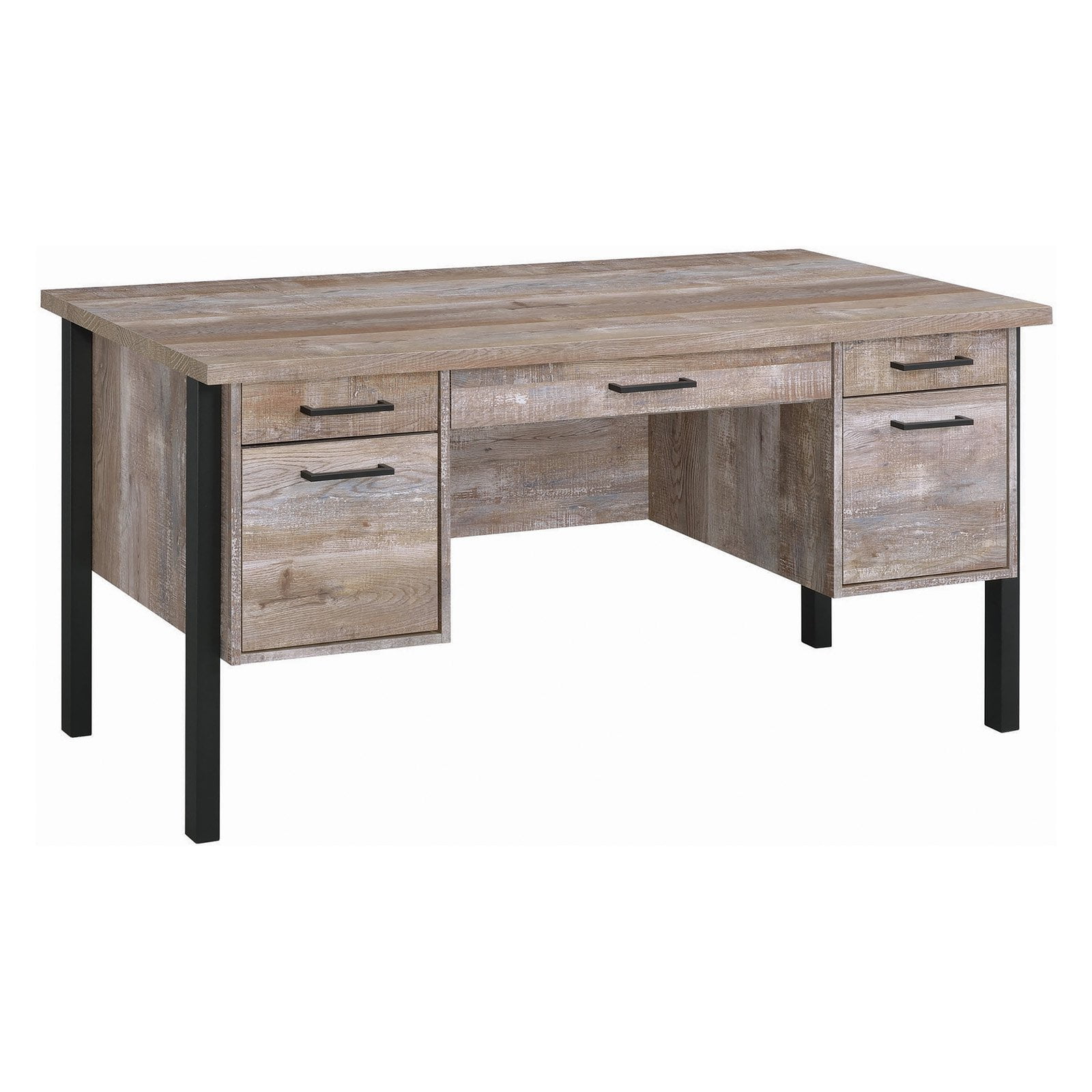 Transitional Weathered Oak Home Office Desk with Black Metal Frame and Storage