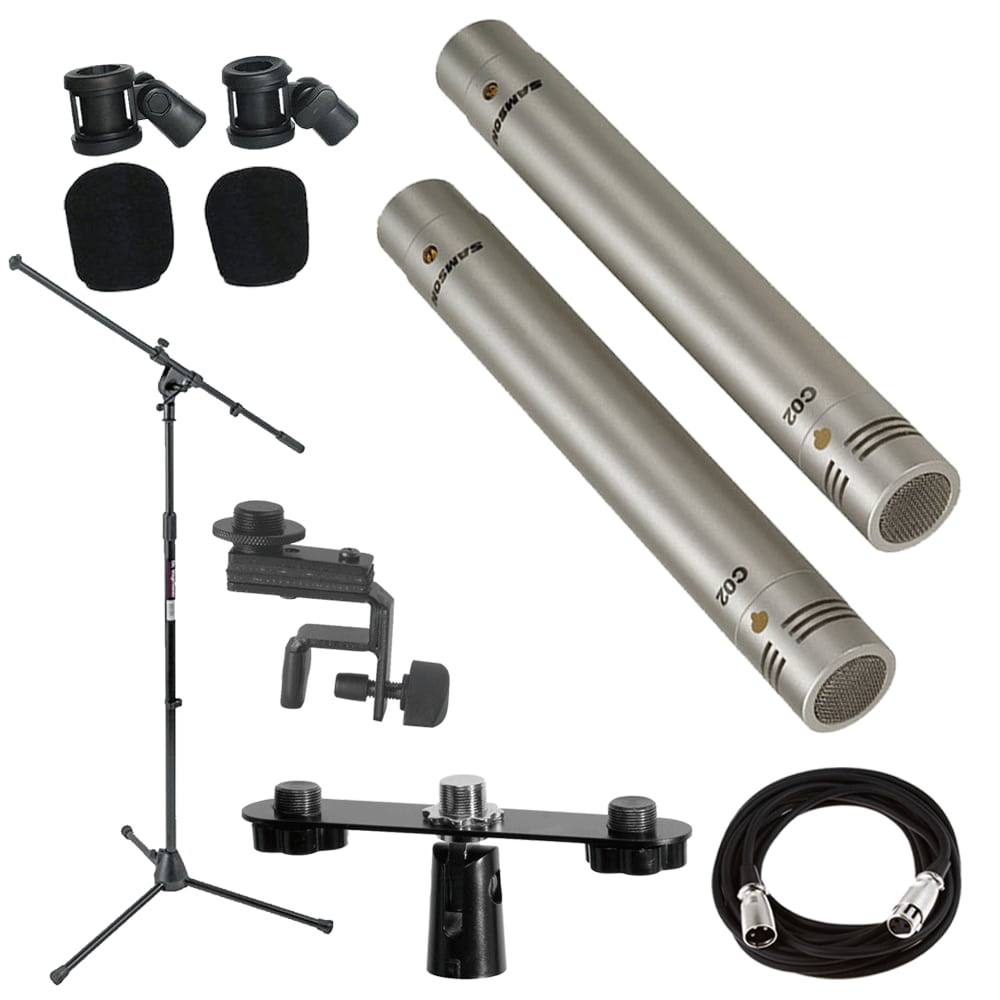 Samson C02 Pencil Condenser Microphones + Mic Stand + Mic Clip + Mic Cable  + Mic Attachment Bar - Top Value Accessory Bundle