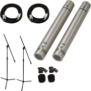 Samson C02 Pencil Condenser Microphone Pair with 2 MR DJ Microphone Stands and XLR Cables, Cardioid Pickup Pattern, Wired, Adjustable Boom Stand