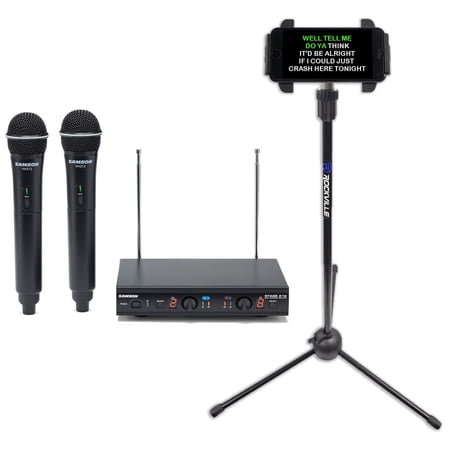 Samson Dual VHF Wireless Karaoke Vocal Microphones Mics+Tablet/Smartphone Stand